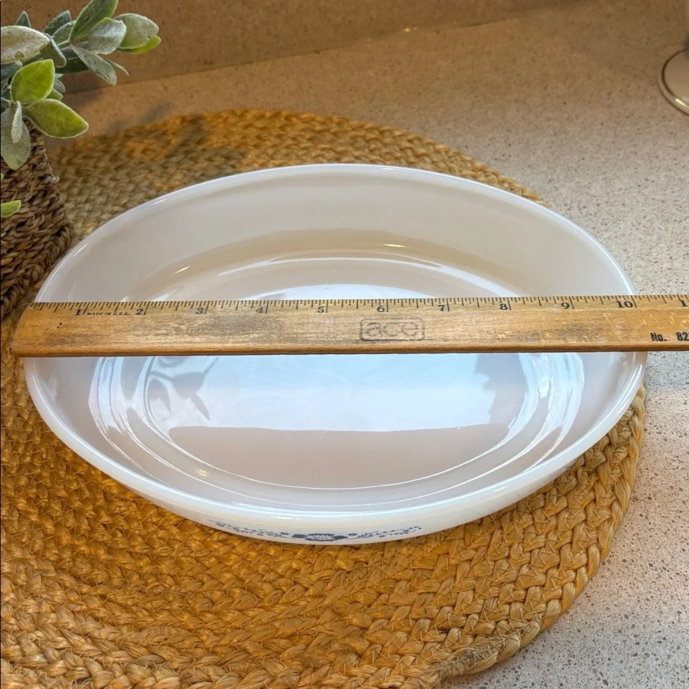 Vintage Termocrisa Milk Glass with Blue Flowers Shallow Casserole Dish